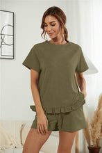 Load image into Gallery viewer, 2021 Summer New Women&#39;s Fashion Casual Solid O Neck Short Sleeve Elastic Waist Drawsting Ruffles Pockets Short Pants Lady Loose