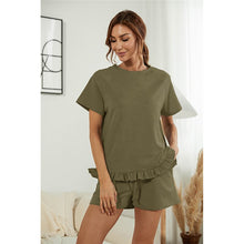 Load image into Gallery viewer, 2021 Summer New Women&#39;s Fashion Casual Solid O Neck Short Sleeve Elastic Waist Drawsting Ruffles Pockets Short Pants Lady Loose