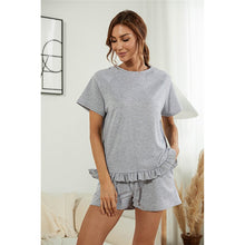 Load image into Gallery viewer, 2021 Summer New Women&#39;s Fashion Casual Solid O Neck Short Sleeve Elastic Waist Drawsting Ruffles Pockets Short Pants Lady Loose