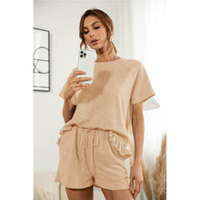 Load image into Gallery viewer, 2021 Summer New Women&#39;s Fashion Casual Solid O Neck Short Sleeve Elastic Waist Drawsting Ruffles Pockets Short Pants Lady Loose