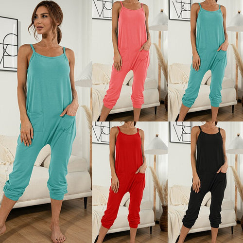 2021 Summer New Women's Fashion Casual Solid O Neck Spaghetti Straps Sleeveless Backless Pockets Empire Jumpsuits Dress Ladies