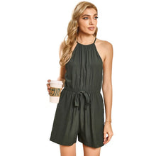 Load image into Gallery viewer, 2021 Summer New Women&#39;s Fashion Casual Solid O Neck Spaghetti Straps Sleeveless Button Lace Up Empire Playsuits Ladies Straight