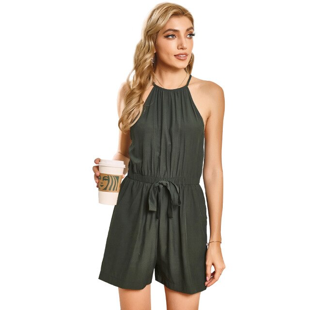 2021 Summer New Women's Fashion Casual Solid O Neck Spaghetti Straps Sleeveless Button Lace Up Empire Playsuits Ladies Straight