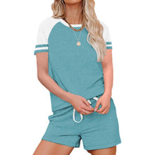 Load image into Gallery viewer, 2021 Summer New Women&#39;s Fashion Casual Solid Patchwork O Neck Short Sleeve Top Elastic Waist Pockets Straight Short Pant Ladies