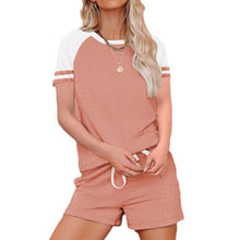 Load image into Gallery viewer, 2021 Summer New Women&#39;s Fashion Casual Solid Patchwork O Neck Short Sleeve Top Elastic Waist Pockets Straight Short Pant Ladies