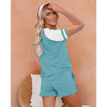 Load image into Gallery viewer, 2021 Summer New Women&#39;s Fashion Casual Solid Patchwork O Neck Short Sleeve Top Elastic Waist Pockets Straight Short Pant Ladies