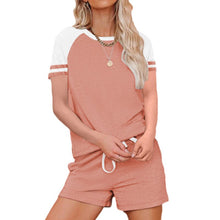 Load image into Gallery viewer, 2021 Summer New Women&#39;s Fashion Casual Solid Patchwork O Neck Short Sleeve Top Elastic Waist Pockets Straight Short Pant Ladies