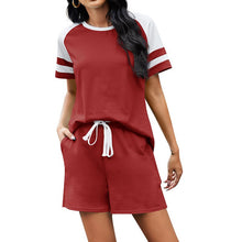 Load image into Gallery viewer, 2021 Summer New Women&#39;s Fashion Casual Solid Patchwork O Neck Short Sleeve Top Elastic Waist Pockets Straight Short Pant Ladies