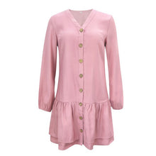 Load image into Gallery viewer, 2021 Summer New Women&#39;s Fashion Casual Solid V Neck Buttons Long Sleeve Loose Waist A Line Knee Lenght Dress Ladies Slim Basic