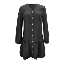 Load image into Gallery viewer, 2021 Summer New Women&#39;s Fashion Casual Solid V Neck Buttons Long Sleeve Loose Waist A Line Knee Lenght Dress Ladies Slim Basic