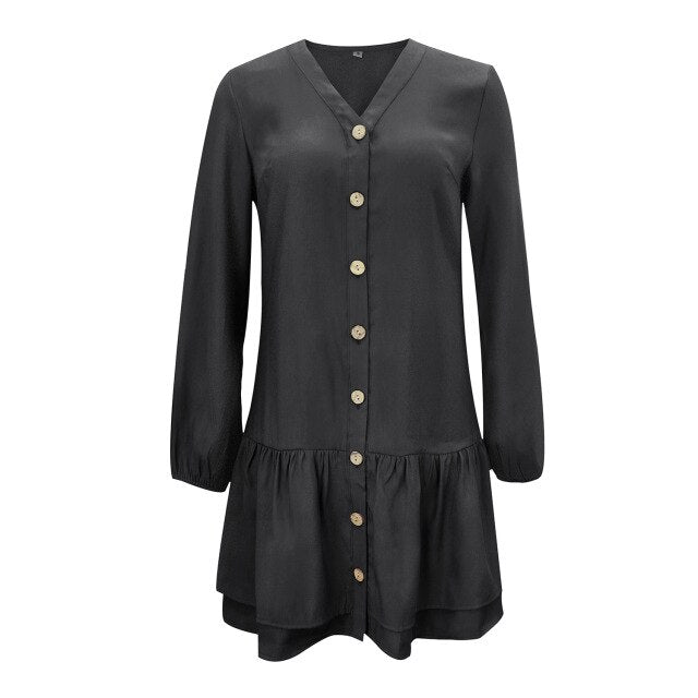 2021 Summer New Women's Fashion Casual Solid V Neck Buttons Long Sleeve Loose Waist A Line Knee Lenght Dress Ladies Slim Basic
