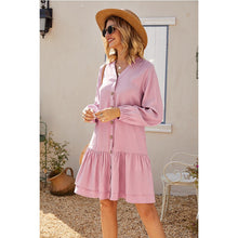 Load image into Gallery viewer, 2021 Summer New Women&#39;s Fashion Casual Solid V Neck Buttons Long Sleeve Loose Waist A Line Knee Lenght Dress Ladies Slim Basic