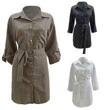 Load image into Gallery viewer, 2021 Summer New Women&#39;s Fashion Casual Solid V Neck Buttons Short Sleeve Pockets Tunic Lace Up Loose Waist Mini Dress Lady Basic