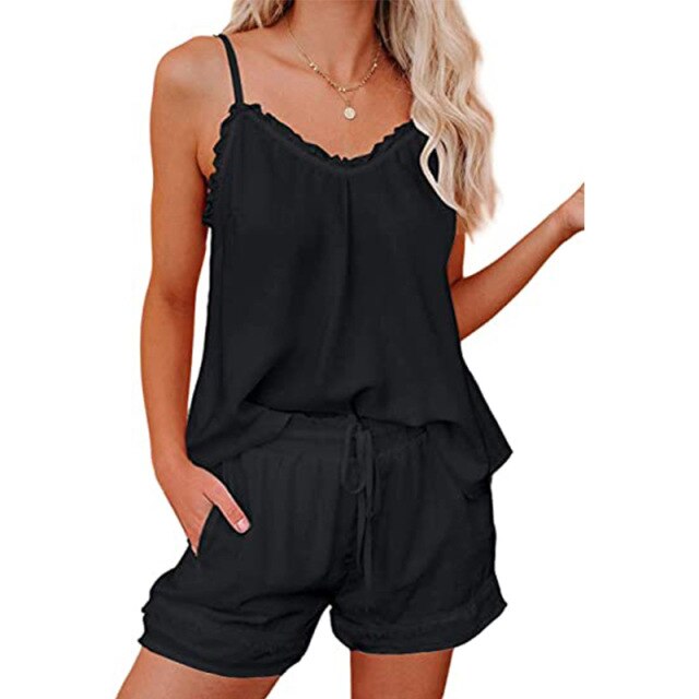 2021 Summer  New Women's Fashion Casual Solid V Neck Ruffles Spaghetti Straps Sleeveless Top Elastic Waist Lace Up Short Ladies