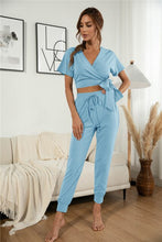 Load image into Gallery viewer, 2021 Summer New Women&#39;s Fashion Casual Solid V Neck Short Sleeve Bow Crops Tops Elastic Waist Lace Up Long Pant Ladies Slim Suit