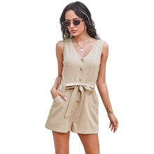 Load image into Gallery viewer, 2021 Summer New Women&#39;s Fashion Casual Solid V Neck Spaghetti Straps Sleeveles Buttons Tunic Lace Up Pockets Playsuits Lady Slim