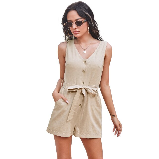 2021 Summer New Women's Fashion Casual Solid V Neck Spaghetti Straps Sleeveles Buttons Tunic Lace Up Pockets Playsuits Lady Slim
