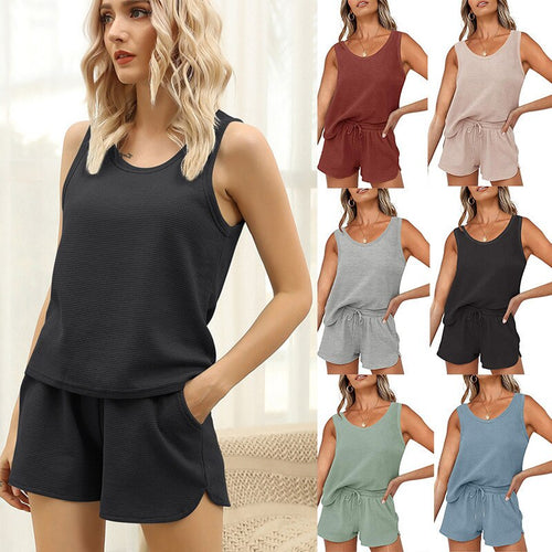 2021 Summer New Women's Fashion Casual Solid V Neck Spaghetti Straps Sleeveless Vest Elastic Waist Lace Up Split Short Pant Lady