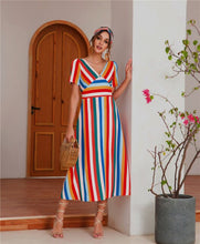 Load image into Gallery viewer, 2021 Summer New Women&#39;s Fashion Casual Stripe Deep V Neck Short Sleeve Patchwork Zipper Empire A Line Ankle Lenght Dress Ladies