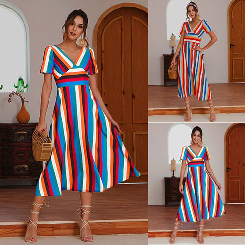2021 Summer New Women's Fashion Casual Stripe Deep V Neck Short Sleeve Patchwork Zipper Empire A Line Ankle Lenght Dress Ladies