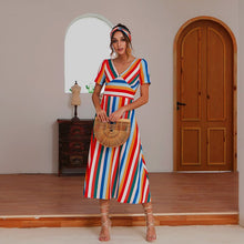 Load image into Gallery viewer, 2021 Summer New Women&#39;s Fashion Casual Stripe Deep V Neck Short Sleeve Patchwork Zipper Empire A Line Ankle Lenght Dress Ladies