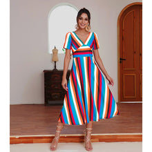 Load image into Gallery viewer, 2021 Summer New Women&#39;s Fashion Casual Stripe Deep V Neck Short Sleeve Patchwork Zipper Empire A Line Ankle Lenght Dress Ladies