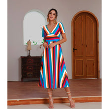 Load image into Gallery viewer, 2021 Summer New Women&#39;s Fashion Casual Stripe Deep V Neck Short Sleeve Patchwork Zipper Empire A Line Ankle Lenght Dress Ladies