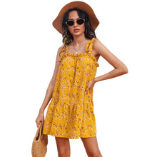 Load image into Gallery viewer, 2021 Summer New Women&#39;s Fashion Print Slash Neck Spaghetti Straps Bow Sleeveless Backless Ruffles Empire Mini Dress Ladies Basic