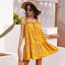 Load image into Gallery viewer, 2021 Summer New Women&#39;s Fashion Print Slash Neck Spaghetti Straps Bow Sleeveless Backless Ruffles Empire Mini Dress Ladies Basic