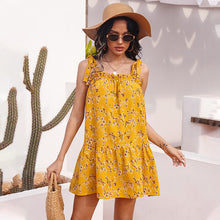 Load image into Gallery viewer, 2021 Summer New Women&#39;s Fashion Print Slash Neck Spaghetti Straps Bow Sleeveless Backless Ruffles Empire Mini Dress Ladies Basic