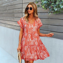 Load image into Gallery viewer, 2021 Summer New Women&#39;s Fashion Sexy Floral Print Deep V Neck Butterfly Short Sleeve Tunic Loose A Line Mini Dress Ladies Basic