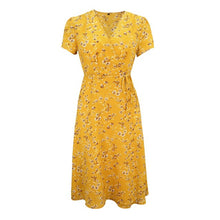 Load image into Gallery viewer, 2021 Summer New Women&#39;s Fashion Sexy Floral Print Deep V Neck Short Sleeve Lace Up Tunic Split Knee Lenght Dress Lady Slim Basic