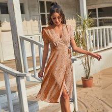 Load image into Gallery viewer, 2021 Summer New Women&#39;s Fashion Sexy Floral Print Deep V Neck Short Sleeve Lace Up Tunic Split Knee Lenght Dress Lady Slim Basic
