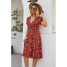 Load image into Gallery viewer, 2021 Summer New Women&#39;s Fashion Sexy Floral Print Deep V Neck Short Sleeve Lace Up Tunic Split Knee Lenght Dress Lady Slim Basic