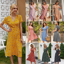 Load image into Gallery viewer, 2021 Summer New Women&#39;s Fashion Sexy Floral Print Deep V Neck Short Sleeve Lace Up Tunic Split Knee Lenght Dress Lady Slim Basic