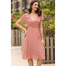 Load image into Gallery viewer, 2021 Summer New Women&#39;s Fashion Sexy Floral Print Deep V Neck Short Sleeve Lace Up Tunic Split Knee Lenght Dress Lady Slim Basic