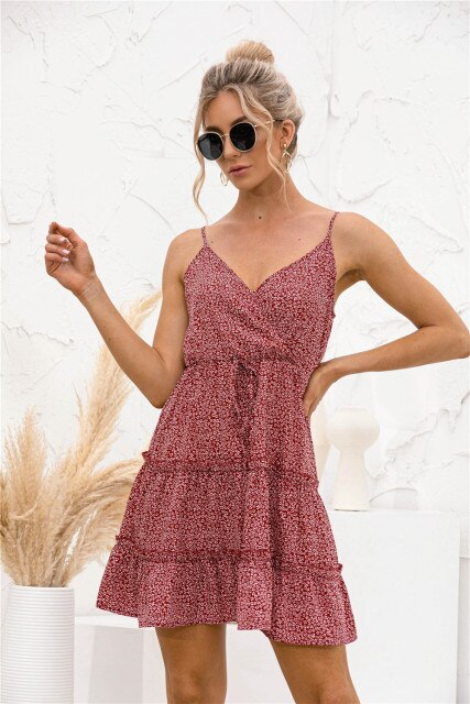 2021 Summer New Women's Fashion Sexy Floral Print Deep V Neck Spaghetti Strap Sleeveless Lace Up Backless Empire Mini Dress Lady