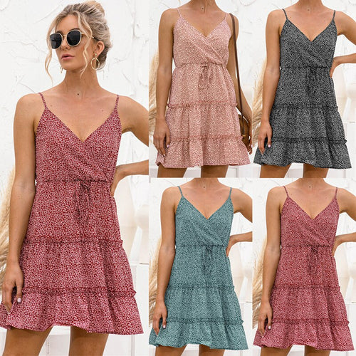 2021 Summer New Women's Fashion Sexy Floral Print Deep V Neck Spaghetti Strap Sleeveless Lace Up Backless Empire Mini Dress Lady