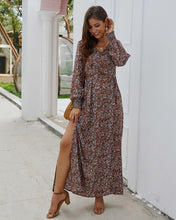 Load image into Gallery viewer, 2021 Summer New Women&#39;s Fashion Sexy Floral Print  V Neck Long Sleeve Buttons Skinny A Line Split Ankle Lenght Dress Lady Basic