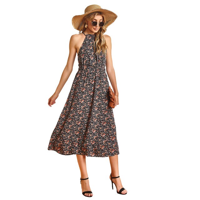 2021 Summer New Women's Fashion Sexy Foral Print O Neck Lace Up Sleeveless Empire Tunic Skinny A Line Mid Calf Dress Lady Basic