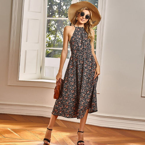 2021 Summer New Women's Fashion Sexy Foral Print O Neck Lace Up Sleeveless Empire Tunic Skinny A Line Mid Calf Dress Lady Basic