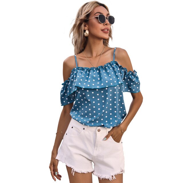2021 Summer New Women's Fashion Sexy Polka Dot Slash Neck Ruffles Spaghetti Straps Sleeveless Backless Tops Loose Ladies Basic