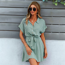 Load image into Gallery viewer, 2021 Summer New Women&#39;s Fashion Sexy Polka Dot Turn Down Collar Short Sleeve Button Empire Lace Up Mini Dress Ladies Slim Basic