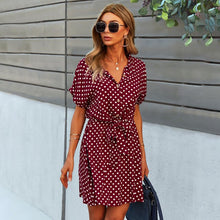 Load image into Gallery viewer, 2021 Summer New Women&#39;s Fashion Sexy Polka Dot Turn Down Collar Short Sleeve Button Empire Lace Up Mini Dress Ladies Slim Basic