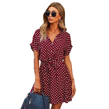 Load image into Gallery viewer, 2021 Summer New Women&#39;s Fashion Sexy Polka Dot Turn Down Collar Short Sleeve Button Empire Lace Up Mini Dress Ladies Slim Basic