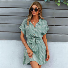 Load image into Gallery viewer, 2021 Summer New Women&#39;s Fashion Sexy Polka Dot Turn Down Collar Short Sleeve Button Empire Lace Up Mini Dress Ladies Slim Basic