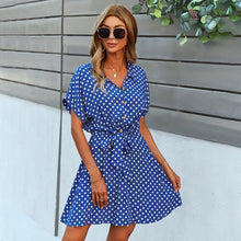 Load image into Gallery viewer, 2021 Summer New Women&#39;s Fashion Sexy Polka Dot Turn Down Collar Short Sleeve Button Empire Lace Up Mini Dress Ladies Slim Basic
