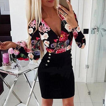Load image into Gallery viewer, 2021 Summer New Women&#39;s Fashion Sexy Print Deep V Neck Long Sleeve Tunic Empire Buttons Pockets Package Hip Mini Dress Lady Slim