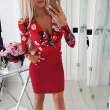 Load image into Gallery viewer, 2021 Summer New Women&#39;s Fashion Sexy Print Deep V Neck Long Sleeve Tunic Empire Buttons Pockets Package Hip Mini Dress Lady Slim