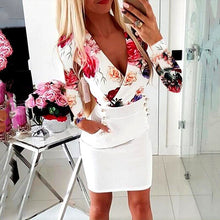 Load image into Gallery viewer, 2021 Summer New Women&#39;s Fashion Sexy Print Deep V Neck Long Sleeve Tunic Empire Buttons Pockets Package Hip Mini Dress Lady Slim